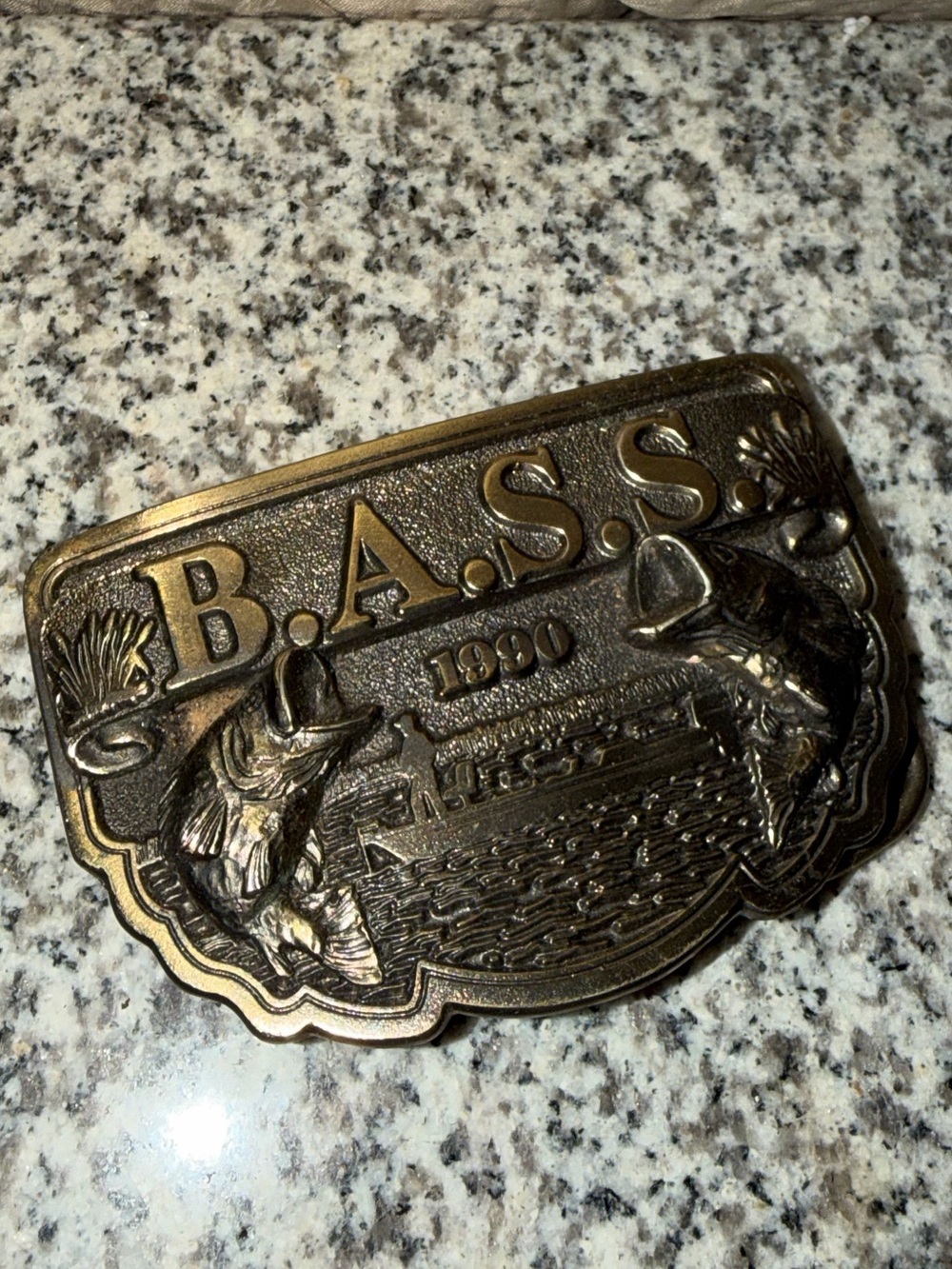 1990 B.A.S.S. Brass Belt Buckle - Vintage Fishing Design